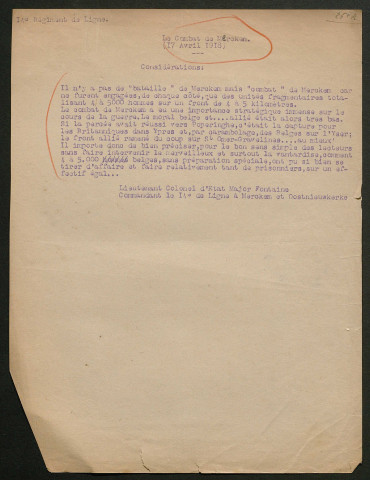 Témoignage de Fontaine, Am. (Colonel - Chef de corps en 1918) et correspondance avec Jacques Péricard