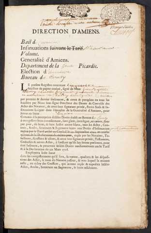 Centième denier du bureau de Conty pour la période du 3 avril 1727 au 18 juin 1728