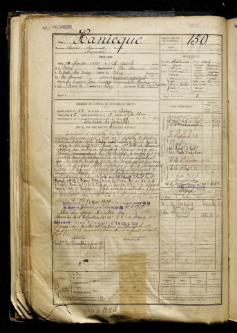 Hanicque, Arsène Armand Augustin, né le 10 février 1899 à Boisle (Le) (Somme), classe 1919, matricule n° 150, Bureau de recrutement d'Abbeville