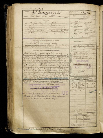 Choqueuse, René Eugène Octave, né le 30 juin 1896 à Doullens (Somme), classe 1916, matricule n° 1416, Bureau de recrutement d'Amiens