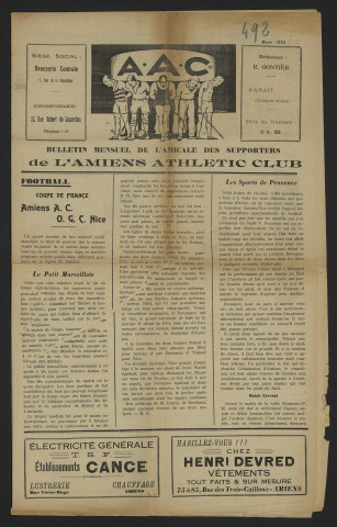 Bulletin mensuel de l'amicale des supporters de l'Amiens Athlétic Club (nouvelle édition) - Saison 1931-1932 – Supplément de 2 pages