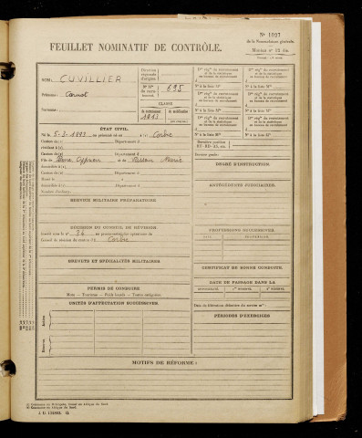 Cuvillier, Carnot, né le 05 mars 1893 à Corbie (Somme), classe 1913, matricule n° 695, Bureau de recrutement d'Amiens