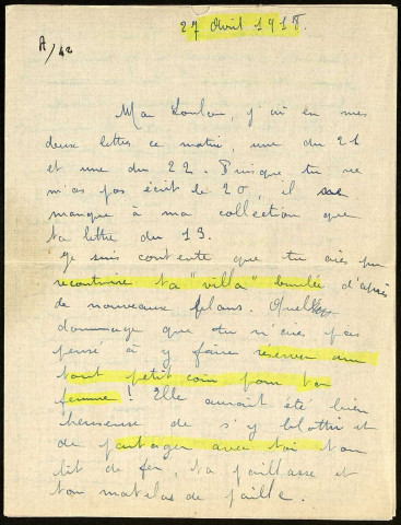 Correspondance à partir de la disparition de Gaston Faraud lors des combats du Bois de Gentelles (Somme) et la naissance de sa fille Denise