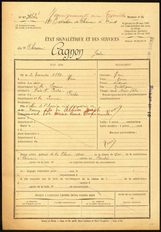 Cagnon, Jules, né le 02 novembre 1880 à Ham (Somme), classe 1900, matricule n° 175, Bureau de recrutement d'Amiens