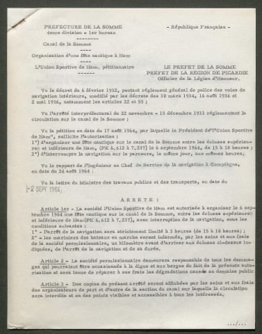 Demande de l'Union Sportive de Ham « section natation » pour l'organisation d'une fête nautique et de manifestations sportives sur le Canal de la Somme le 6 sptembre 1964