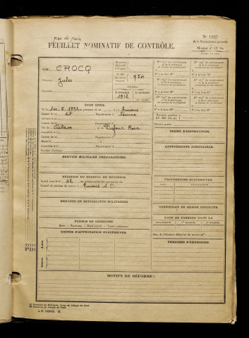 Crocq, Jules, né le 01 mai 1892 à Amiens (Somme), classe 1912, matricule n° 754, Bureau de recrutement d'Amiens