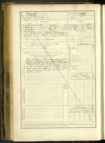 Harlé, Eugène Charles René, né le 8 décembre 1862 à Le Quesnel (Somme, France), classe 1882, matricule n° 199, Bureau de recrutement de Péronne