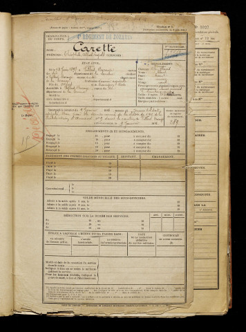 Carette, Théophile Alfred Léopold, né le 18 juin 1897 à Villers-Bocage (Somme), classe 1917, matricule n° 289, Bureau de recrutement d'Amiens