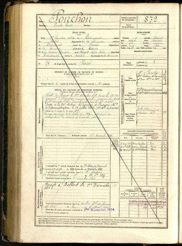 Ponchon, Emile Louis, né le 01 janvier 1864 à Driencourt (Somme, France), classe 1884, matricule n° 872, Bureau de recrutement de Péronne