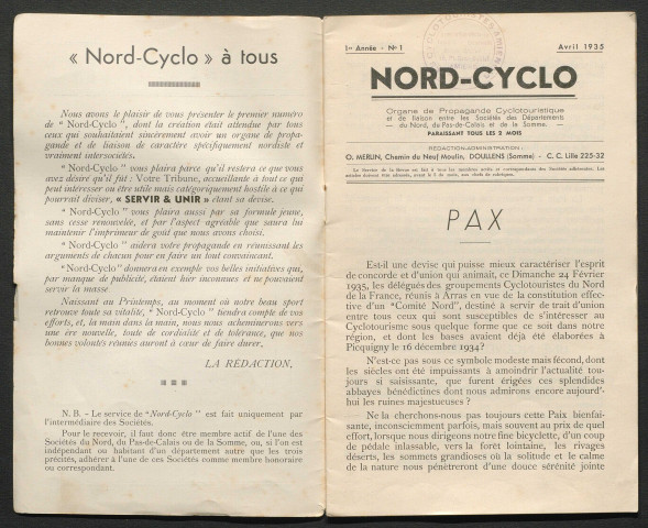 Nord-Cyclo. Organe de Propagande Cyclotouristique et de liaison entre les Sociétés des Départements du Nord, du Pas-de-Calais et de la Somme, numéro 1