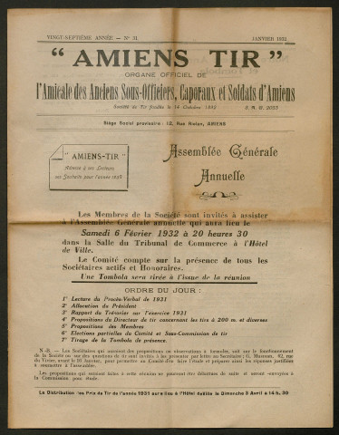 Amiens-tir, organe officiel de l'amicale des anciens sous-officiers, caporaux et soldats d'Amiens, numéro 31 (janvier 1932)