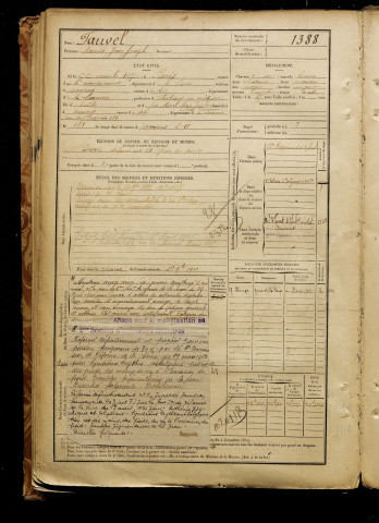 Fauvel, Maurice Jean Joseph, né le 22 novembre 1877 à Paris 6e Arrondissement (Paris), classe 1897, matricule n° 1388, Bureau de recrutement d'Amiens