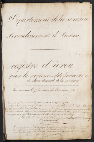 Maison de correction dite Bicêtre à Amiens. Registre d'écrou : numéros 1126 à 2322. 09 janvier 1835 - 23 septembre 1837