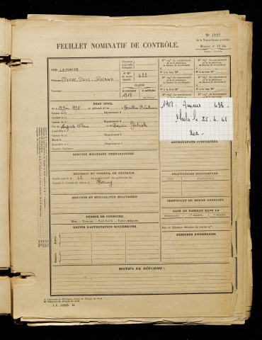 Lemaire, Pierre Paul Roland, né le 29 juin 1898 à Morvillers-Saint-Saturnin (Somme), classe 1918, matricule n° 433, Bureau de recrutement d'Amiens