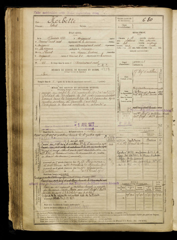 Herbette, Robert, né le 27 janvier 1882 à Argoeuves (Somme), classe 1902, matricule n° 680, Bureau de recrutement d'Amiens