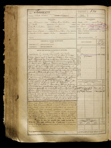 Faucon, Charles Philibert, né le 18 janvier 1889 à Lamotte-Warfusée (Somme), classe 1909, matricule n° 836, Bureau de recrutement d'Amiens