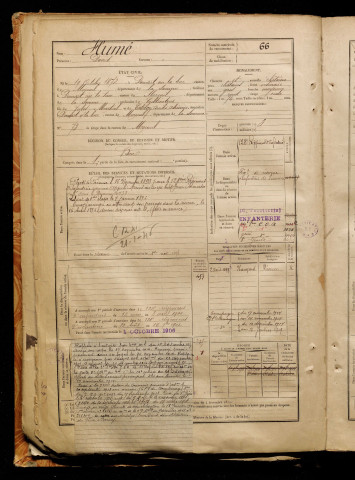 Humé, David, né le 19 octobre 1872 à Domart-sur-la-Luce (Somme), classe 1892, matricule n° 66, Bureau de recrutement de Péronne