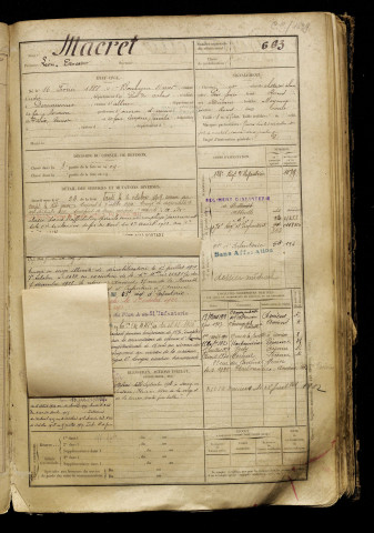 Macret, Léon Ernest, né le 16 février 1888 à Boulogne-sur-Mer (Pas-de-Calais), classe 1908, matricule n° 663, Bureau de recrutement de Péronne