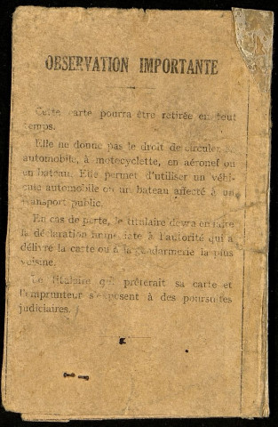 Carte de circulation temporaire n° 8308 de Nelly Braut, avec sa photographie, valable du 27/11/1939 au 27/02/1940, comportant un visa du 29 juillet 1944