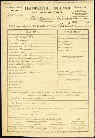 Tarlier, Eugène Emile, né le 14 avril 1880 à Amiens (Somme), classe 1900, matricule n° 206, Bureau de recrutement de Péronne