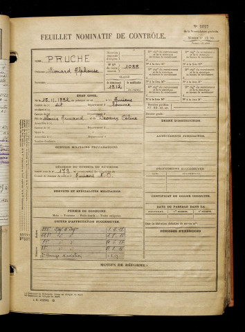 Pruche, Léonard Alphonse, né le 15 novembre 1892 à Amiens (Somme), classe 1912, matricule n° 1088, Bureau de recrutement d'Amiens