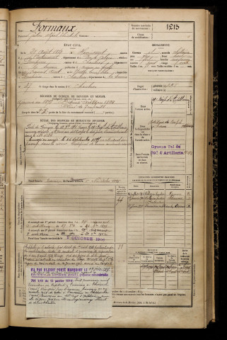 Formaux, Gaston Alfred Théodule, né le 27 août 1872 à Havrincourt (Pas-de-Calais), classe 1892, matricule n° 1213, Bureau de recrutement de Péronne