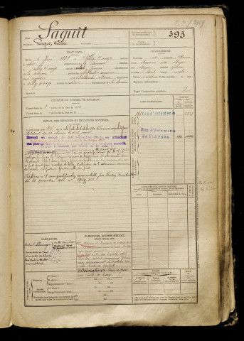 Saguit, Georges Amédée, né le 06 juin 1889 à Ailly-sur-Noye (Somme), classe 1909, matricule n° 393, Bureau de recrutement de Péronne