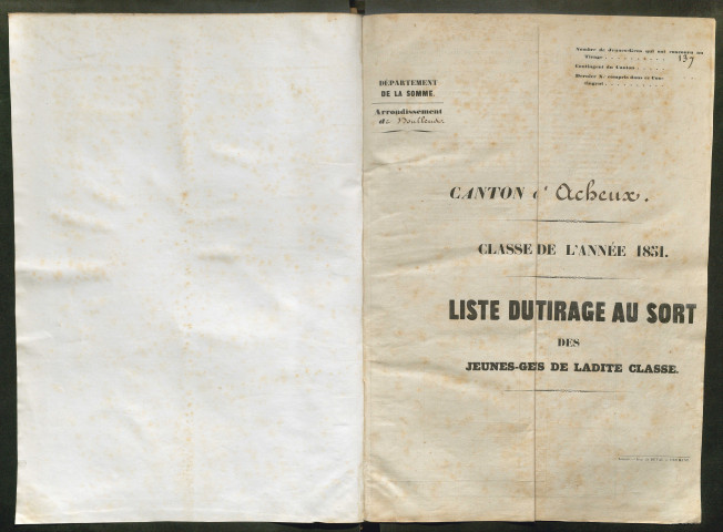 Tirage au sort (arrondissements de Doullens et de Montdidier) de l'année 1851