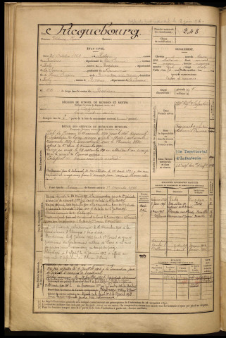 Ricquebourg, Clotaire Henri, né le 20 octobre 1869 à Vrély (Somme), classe 1889, matricule n° 248, Bureau de recrutement de Péronne