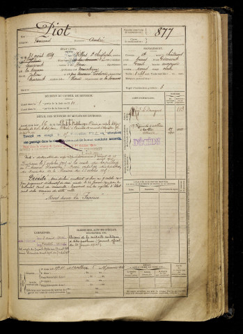 Piot, Fernand, né le 31 août 1889 à Villers-Saint-Christophe (Aisne), classe 1909, matricule n° 877, Bureau de recrutement de Péronne