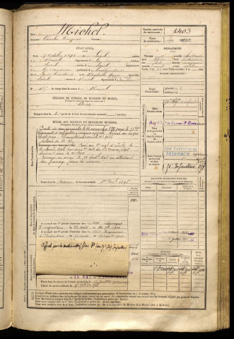 Michel, Charles Eugène, né le 09 octobre 1874 à Sorel (Somme), classe 1894, matricule n° 1403, Bureau de recrutement de Péronne