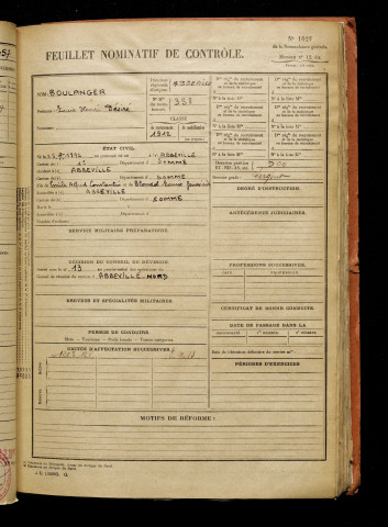 Boulanger, Louis Henri Désiré, né le 25 juillet 1892 à Abbeville (Somme), classe 1912, matricule n° 358, Bureau de recrutement d'Abbeville