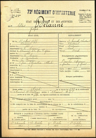 Delauné, Joseph, né le 13 mars 1877 à Amiens (Somme), classe 1897, matricule n° 794, Bureau de recrutement d'Amiens
