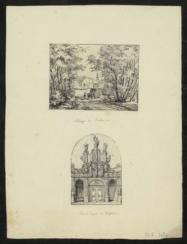 Abbaye de Valoires : dessin de l'abbaye et du jeu d'orgues de l'église, texte explicatif
