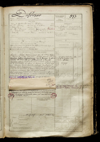 Dufresne, Alphonse, né le 09 septembre 1900 à Pithon (Aisne), classe 1920, matricule n° 873, Bureau de recrutement de Péronne