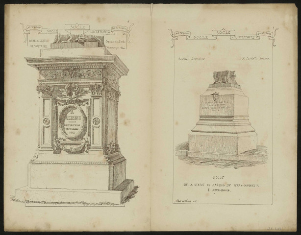 Quatre dessins représentants les socles de statues de Voltaire, square de écoles, rue Monge à Paris ; du marquis de Lezay-Marnesir à Strasbourg ; du maréchal Ney, boulevard Saint-Michel à Paris et de l'impératrice Joséphine à Paris