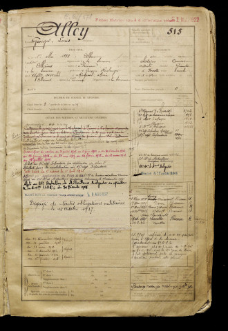 Alloy, Georges Louis, né le 01 mai 1888 à Albert (Somme), classe 1908, matricule n° 515, Bureau de recrutement de Péronne