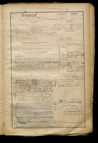 Paquot, Charles Lucien Jules, né le 19 août 1877 à Roye (Somme), classe 1897, matricule n° 205, Bureau de recrutement de Péronne