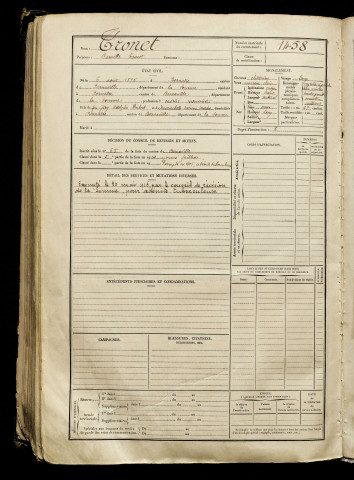 Tronet, Camille Ernest, né le 06 août 1895 à Bernâtre (Somme), classe 1915, matricule n° 1458, Bureau de recrutement d'Amiens