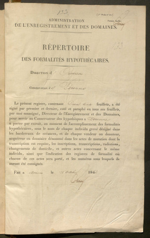 Répertoire des formalités hypothécaires, du 02/11/1843 au 26/01/1844, registre n° 133 (Péronne)