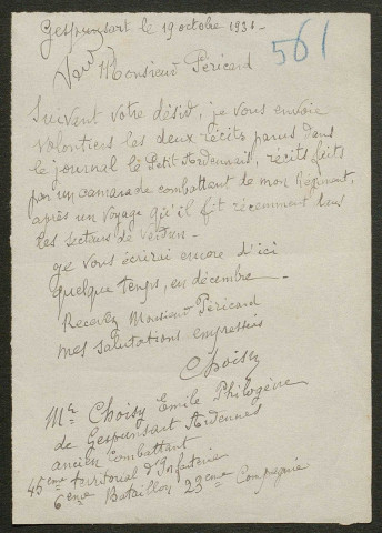 Témoignage de Choisy, Emile et correspondance avec Jacques Péricard