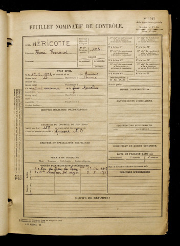 Héricotte, Henri Fernand, né le 17 février 1892 à Amiens (Somme), classe 1912, matricule n° 1031, Bureau de recrutement d'Amiens