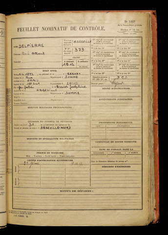 Delpierre, René Albert, né le 01 avril 1892 à Bernay-en-Ponthieu (Somme), classe 1912, matricule n° 373, Bureau de recrutement d'Abbeville