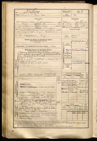 Billon, Edouard St Marie, né le 14 juin 1874 à Beuvraignes (Somme), classe 1894, matricule n° 162, Bureau de recrutement de Péronne