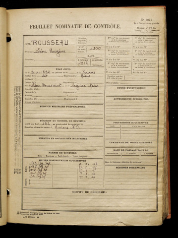 Rousseau, Léon Eugène, né le 09 avril 1892 à Vervins (Aisne), classe 1912, matricule n° 1100, Bureau de recrutement d'Amiens