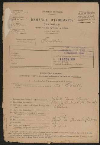 Feuillères. Demande d'indemnisation des dommages de guerre : dossier Heilly