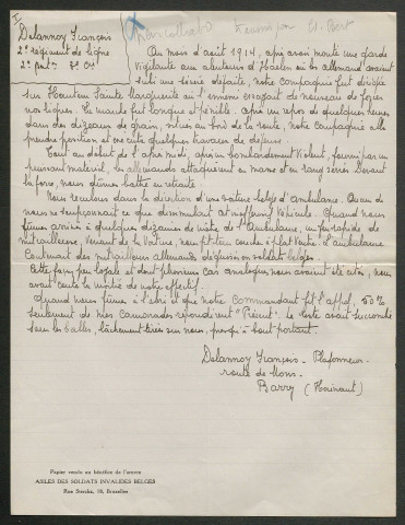 Témoignage de Delannoy, François et correspondance avec Jacques Péricard