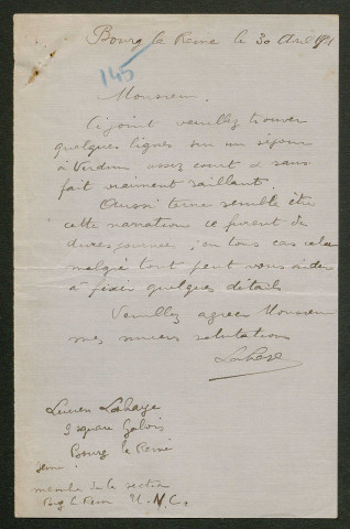 Témoignage de Lahaye, Lucien (Téléphoniste) et correspondance avec Jacques Péricard
