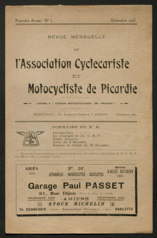 Revue mensuelle de l'association cyclecariste et motocycliste de Picardie - 1ère année, numéro 2