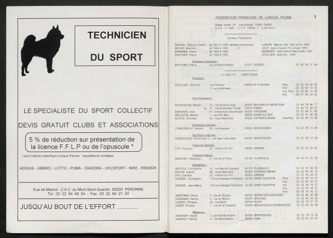 Opuscule (année 1997). Fédération française de Longue Paume : liste des sociétés, classement des joueurs et calendrier